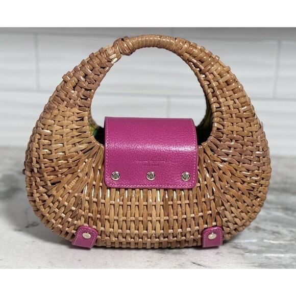 Kate Spade Pink Leather Wicker Straw Handbag Purse - Picture 3 of 14